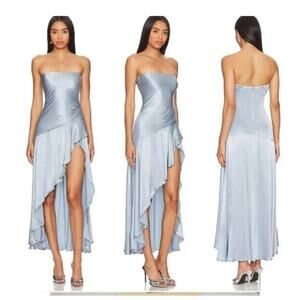 REVOLVE BARDOT Strapless Satin Midi  Asymmetrical Dusty Blue Dress NWT Sz S/4